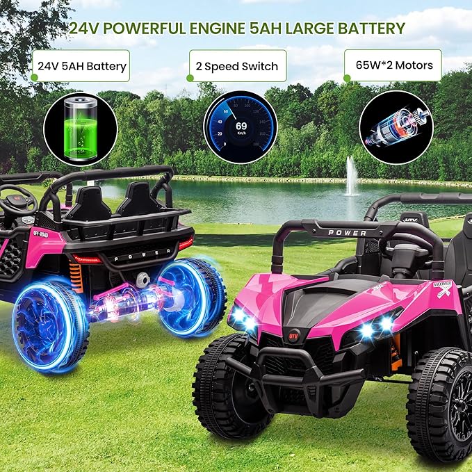 24V 2 Seater Ride On Car Truck, Power Wheels Kids UTV w/Parent Remote Control, 3.1 MPH Max Speed, Music Player, LED Lights & Storage, Electric Vehicle Ride On Toy for Kids Toddler Ages 3-8, Pink-BubblyBeeBaby