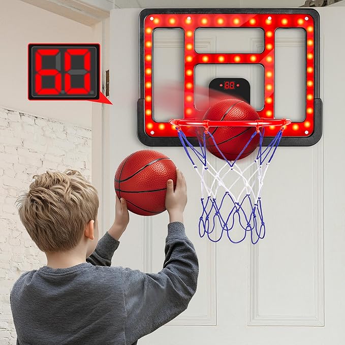 Kids Basketball Hoop Adjustable Height 3.5FT-6.2FT, Indoor Outdoor Toddler Basketball Hoop with LED Scoreboard, Boys Basketball Toy for 3 4 5 6 7 8 Years Gift, Portable Basketball Goals Sport Game-BubblyBeeBaby