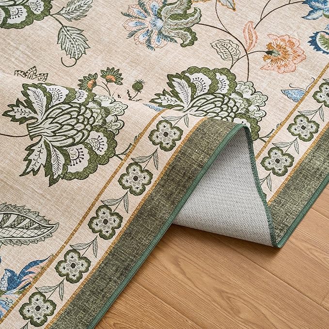 jinchan 4ft Floral Round Rug for Entryway Washable Kitchen Rug Vintage Romance Design Non Slip Indoor Doormat Lightweight Low-Profile Throw Carpet for Living Room Dining Room Bedroom, Green/Beige-BubblyBeeBaby