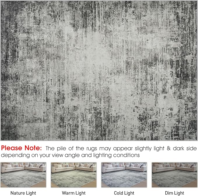 10x14 Area Rugs for Living Room: Soft Abstract Large Area Rug Non-Shedding Anti-Skid Stain Resistant Indoor Floor Modern Washable Rugs for Bedroom Dining Room Nursery Farmhouse Home Office-Black/Gray-BubblyBeeBaby