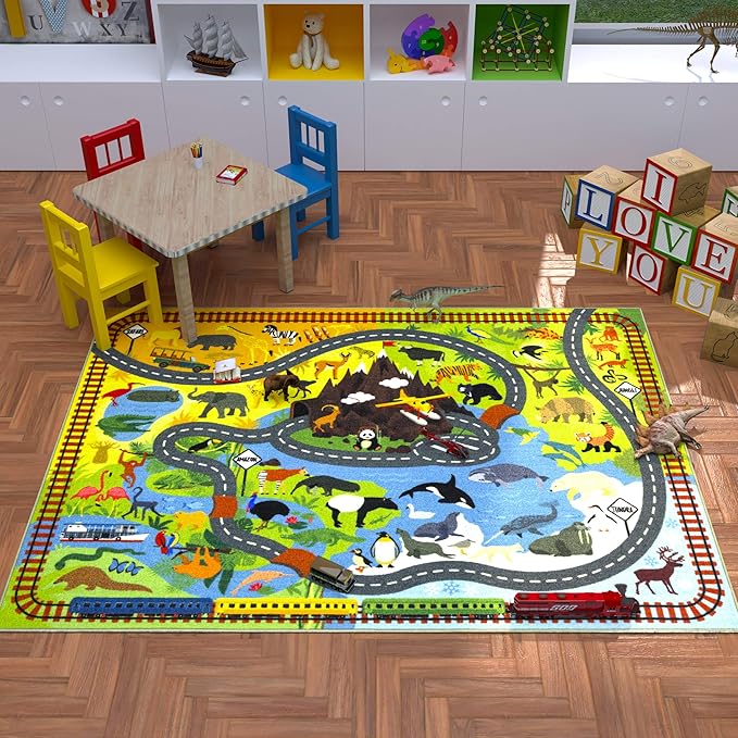 KC Cubs 5x7 Animal Safari Toy Car Road Rug – Educational Play Mat Carpet for Kids, Toddlers, Nursery, Classroom, Playroom, Baby Daycare, Boys & Girls-BubblyBeeBaby