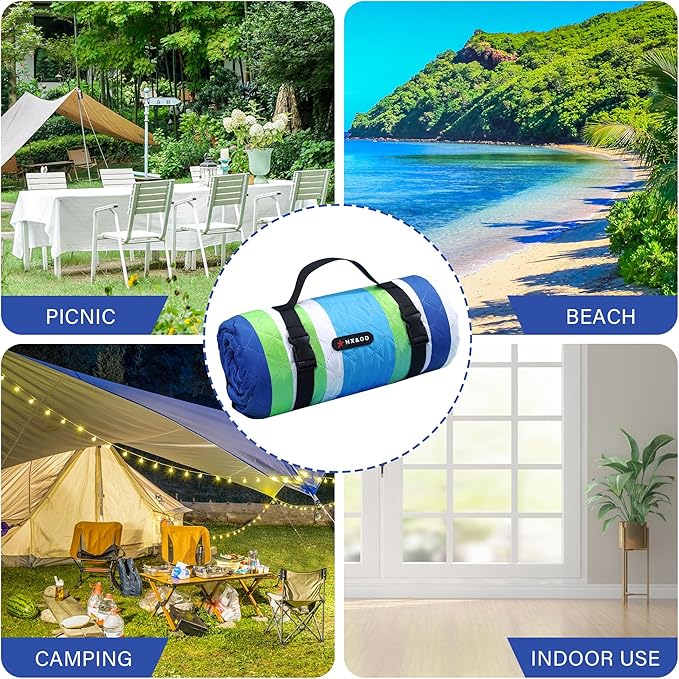 HX&OD Outdoor Picnic Blanket Extra Large, 80''*80'' Waterproof Picnic Mat with Stakes Foldable Camping Blanket Portable with Carry Strap for Beach Mat (Blue, 80''*80'')-BubblyBeeBaby