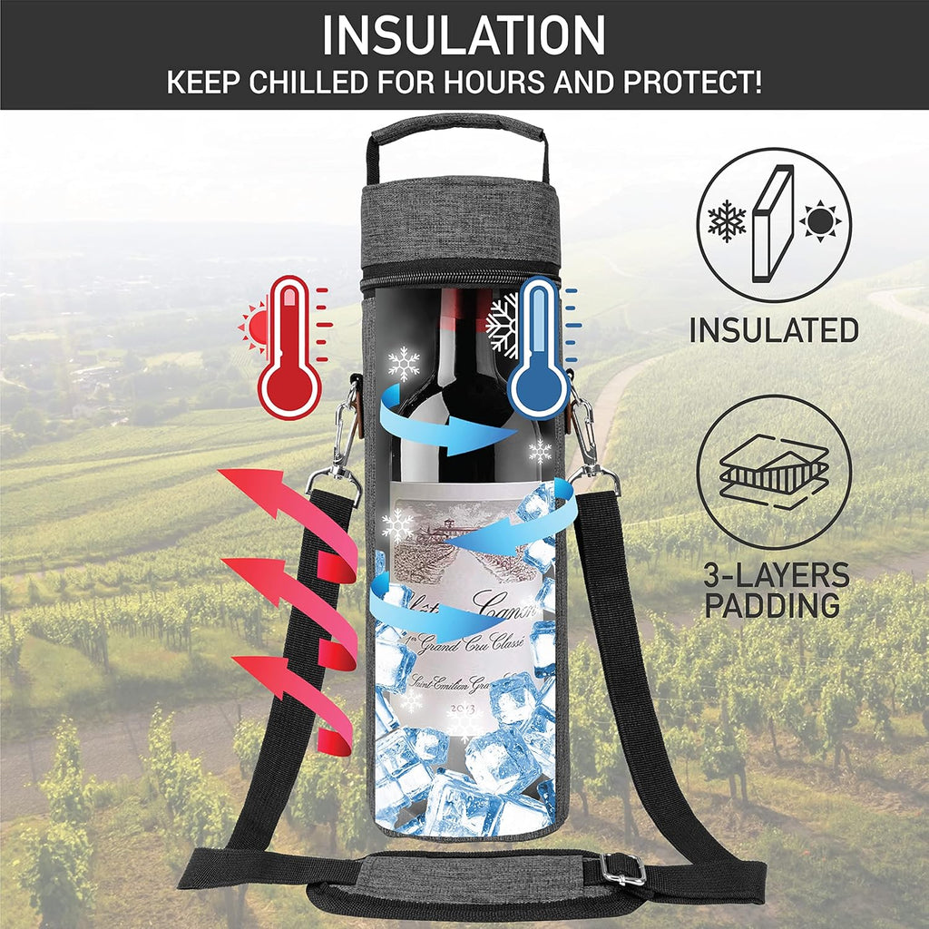 opux Wine Bag Single Bottle Carrier Tote, Insulated Wine Cooler Bag for Travel Picnic Beach with Shoulder Strap, Thermal One Bottle Holder Carrying Case Wine Gift for Women Men, Charcoal Gray