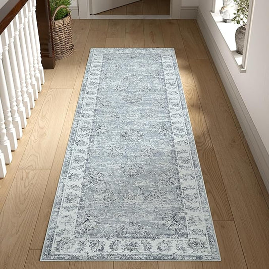 jinchan Runner Rug 2x6 Washable Hallway Runner - Vintage Floral Non Slip Low-Pile Soft Thin Kitchen Rug Distressed Carpet for Farmhouse Bedroom Entryway Laundry Room(2x6ft,Grey)-BubblyBeeBaby