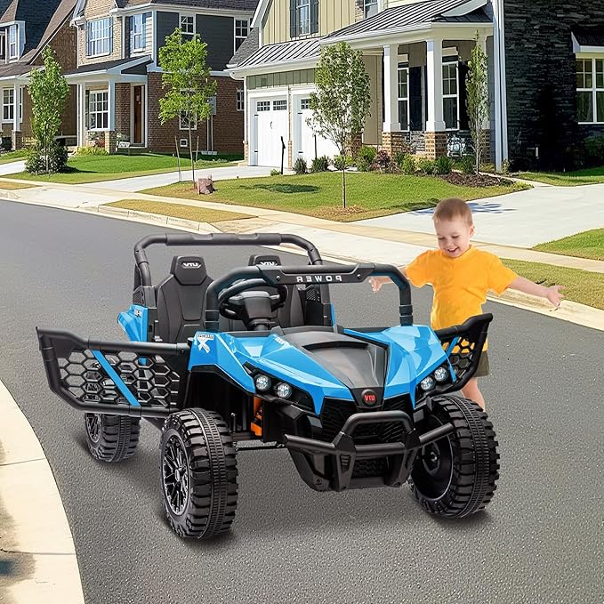 24V 2 Seater Ride On Car Truck, Power Wheels Kids UTV w/Parent Remote Control, 3.1 MPH Max Speed, Music Player, LED Lights & Storage, Electric Vehicle Ride On Toy for Kids Toddler Ages 3-8, Blue-BubblyBeeBaby