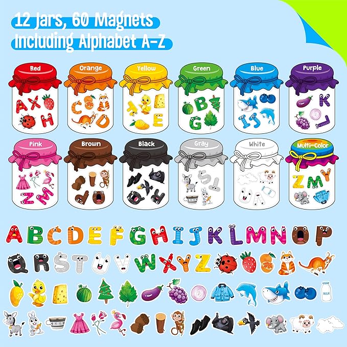 12 Pieces Magnetic Color Sorting Jars, 60 Color & Letter Magnets for Fridge Whiteboard, Early Educational Sorting Toy Set, Alphabet A-Z Learning Tool for Baby Toddlers Kids-BubblyBeeBaby
