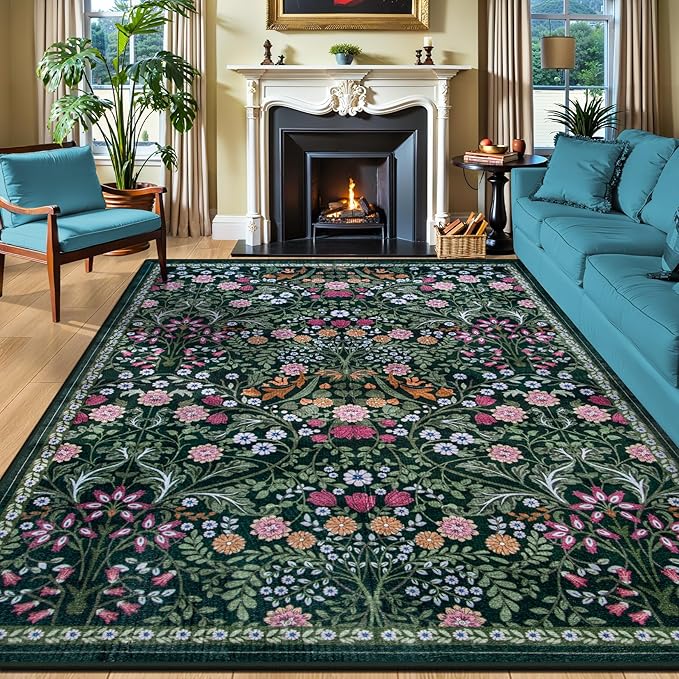 10x12 Area Rugs for Living Room: Floral Washable Rug Vintage Large Soft Boho Non-Slip Carpet Stain Resistant Low Pile Carpets for Bedroom Dining Room Farmhouse Nursery Hallway Home Office Dark Green-BubblyBeeBaby