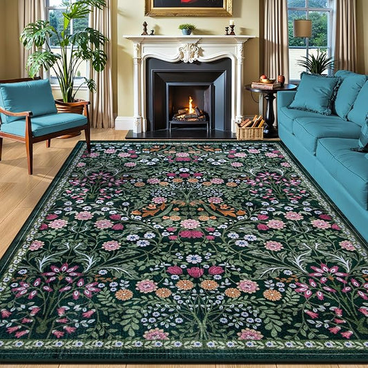 10x14 Area Rugs for Living Room: Floral Washable Rug Vintage Large Soft Boho Non-Slip Carpet Stain Resistant Low Pile Carpets for Bedroom Dining Room Farmhouse Nursery Hallway Home Office Dark Green-BubblyBeeBaby
