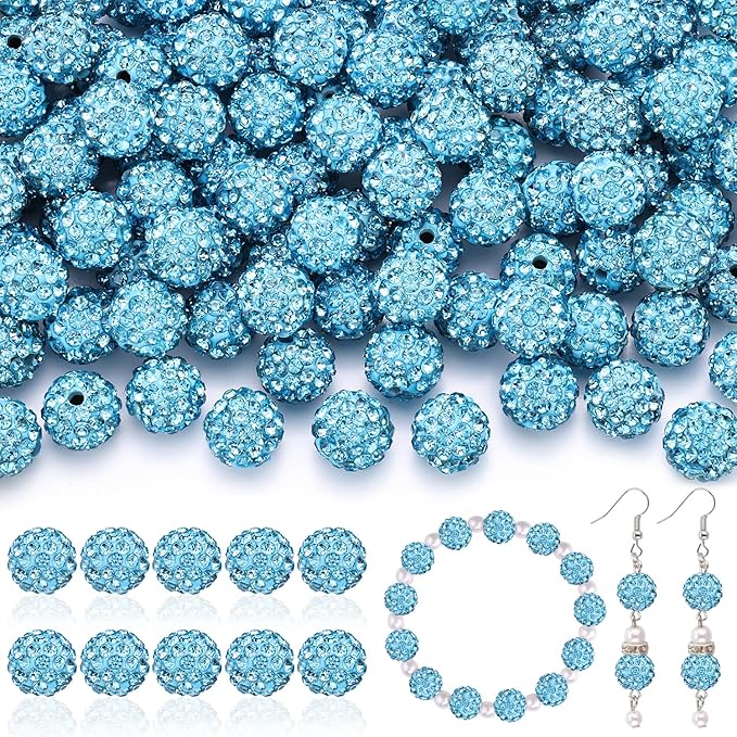 160pcs 10mm Rhinestone Beads for Jewelry Making, Aquamarine Shiny Round Disco Ball Beads Bulk, Sparkle Crystal Clay Christmas for Bracelet Baseball Necklace Earring Crafting and DIY-BubblyBeeBaby