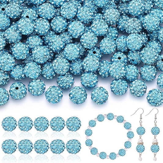 160pcs 10mm Rhinestone Beads for Jewelry Making, Aquamarine Shiny Round Disco Ball Beads Bulk, Sparkle Crystal Clay Christmas for Bracelet Baseball Necklace Earring Crafting and DIY-BubblyBeeBaby