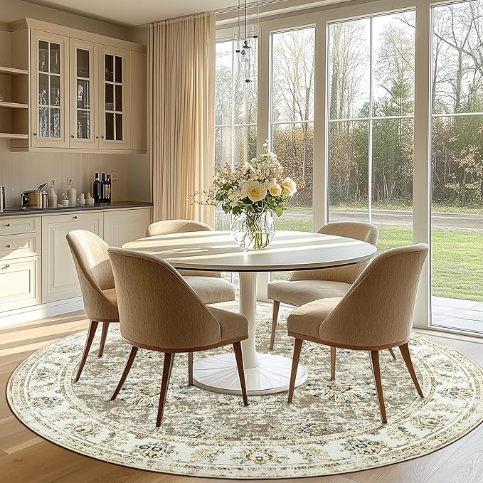 jinchan Round Rug 7ft Area Rugs - Vintage Floral Distressed Design Machine Washable Non-Slip Low-Pile Ultra-Thin Circle Rug for Living Room Dining Room Bedroom Home Office Farmhouse (7' Round,Taupe)-BubblyBeeBaby