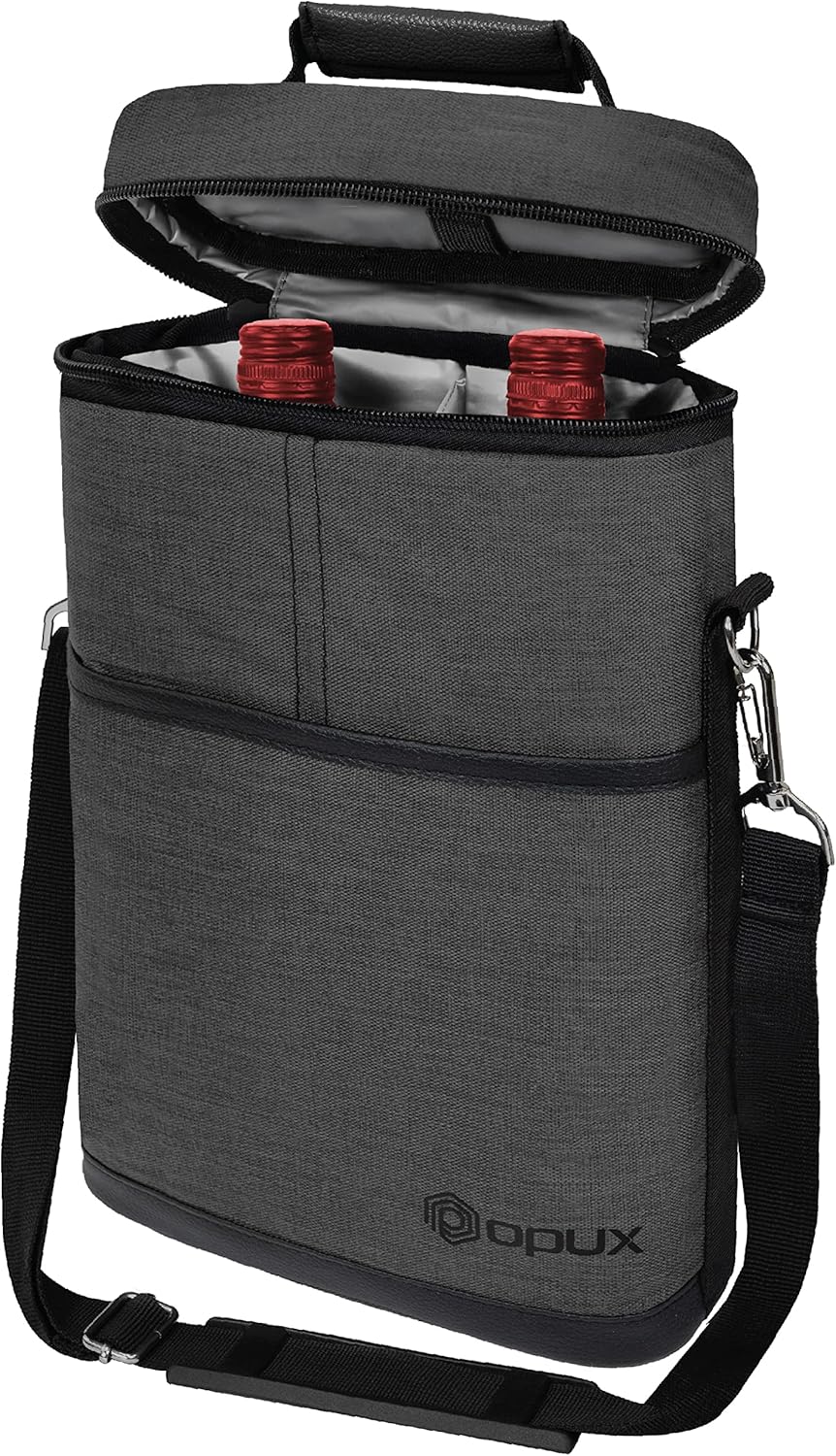 opux 2 Bottle Wine Carrier Tote, Insulated Leakproof Wine Cooler Bag, Wine Travel Bag for Picnic BYOB Beach, Portable Wine Bottle Carrying Case, Gift for Wine Lover Women Men Christmas, Charcoal Grey