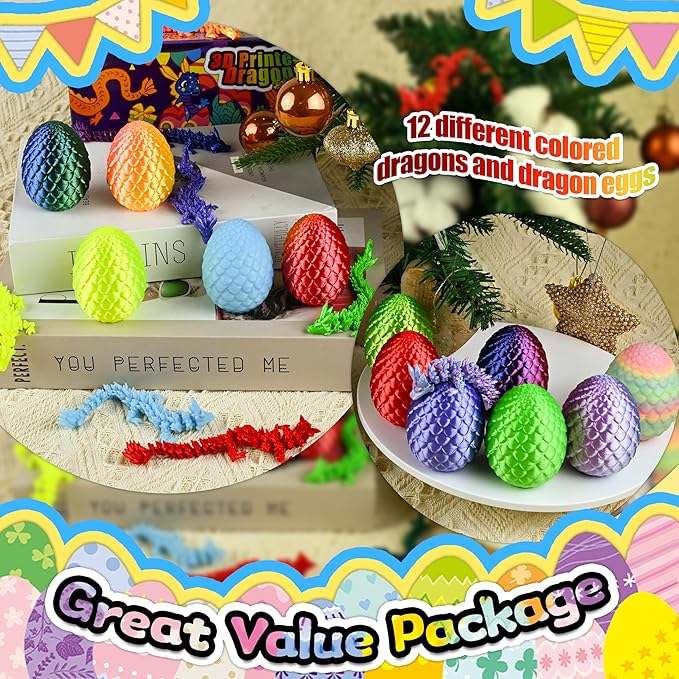 12PCS 3D Dragon Eggs with Dragon Inside, Easter Basket Stuffers Mini Easter Egg Set Articulated Unique Easter Basket Essentials for Adults Kids-BubblyBeeBaby