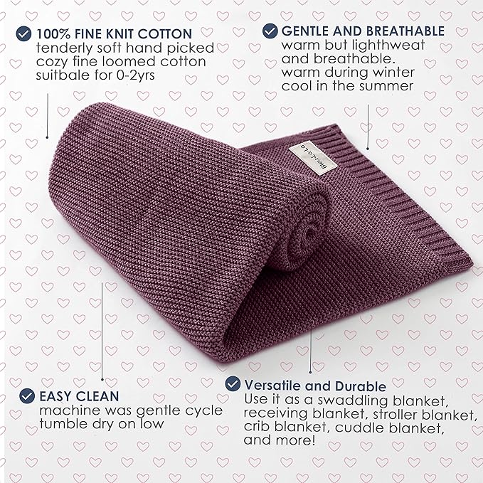 Heritage Knit Organic Cotton Receiving Swaddle Blanket for Girls - 100% Luxury Organic Cotton Knit Warm Cozy Crib Quilt Swaddle Blanket for Newborns Infants Babies & Toddlers (0-2Yrs - Sugar Plum)-BubblyBeeBaby