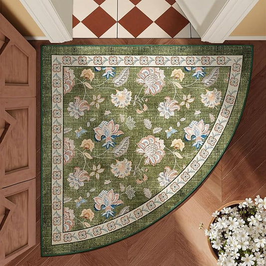jinchan Floral Corner Rug for Entryway Washable Kitchen Rug Vintage Romance Design Non Slip Quarter Circle Lightweight Low-Pile Throw Carpet for Playroom Reading Nook Nursery, 4ft Radius, Green-BubblyBeeBaby