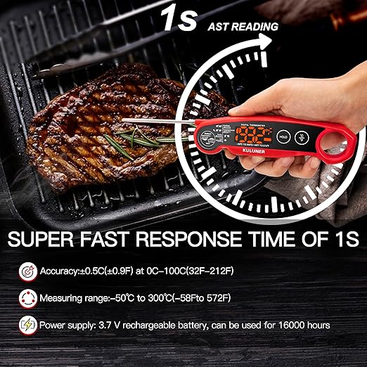 1-Second Rapid and Accurate Meat Thermometer - Waterproof Multifunctional Kitchen Food Thermometer, Ideal for Frying, Smoking, Grilling and More(Red)-BubblyBeeBaby