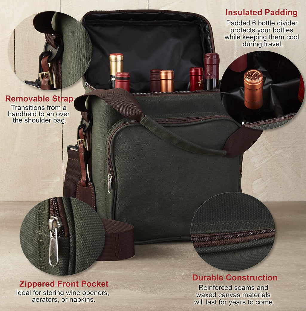 Wine Enthusiast 6-Bottle Waxed Canvas Wine Bag Tote Insulated Wine Carrier Cooler Travel & Picnics Holds Tall Bottles Includes Ice Pack Chilling Reusable Tote Bag for Wine Gifts & Outdoor Gatherings