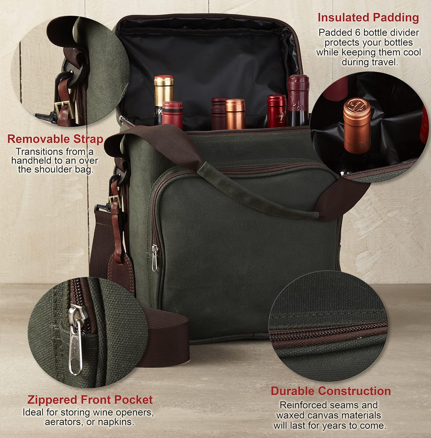 Wine Enthusiast 6-Bottle Waxed Canvas Wine Bag Tote Insulated Wine Carrier Cooler Travel & Picnics Holds Tall Bottles Includes Ice Pack Chilling Reusable Tote Bag for Wine Gifts & Outdoor Gatherings