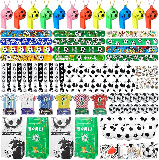 158Pcs Soccer Party Favors - Bags, Whistles, Balls, Slap Bracelets, Keychains, Stickers, Tattoos for Party Goodie Bags-BubblyBeeBaby