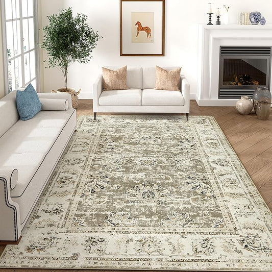 jinchan Washable Area Rug 8x10 for Living Room - Soft Faux Wool Ultra-Thin Stain Resistant Non-Slip Distressed Vintage Floral Large Carpet for Bedroom,Dining Room,Home Office,Nursery(Taupe, 8'x10')-BubblyBeeBaby
