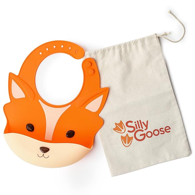 Silly Goose Silicone Animal Baby Bibs for Babies and Toddlers, Waterproof, Adjustable, Soft, Extra Wide Food Catcher Pocket (Baby Fox)-BubblyBeeBaby