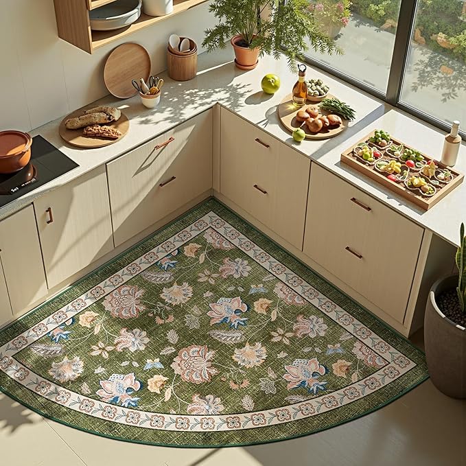 jinchan Floral Corner Rug for Entryway Washable Kitchen Rug Vintage Romance Design Non Slip Quarter Circle Lightweight Low-Pile Throw Carpet for Playroom Reading Nook Nursery, 4ft Radius, Green-BubblyBeeBaby