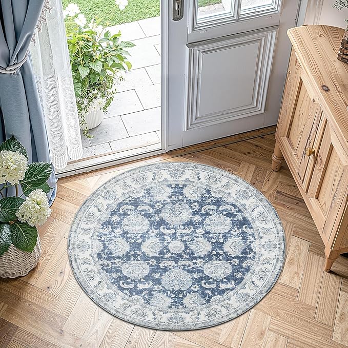 jinchan Round Rug 4ft Area Rug - Indoor Vintage Hallway Circle 4' Washable - Ultra-Thin Low Pile Soft Small Non Slip Distressed Floral Print for Living Room Dining Room Bedroom Entryway Dark Blue-BubblyBeeBaby