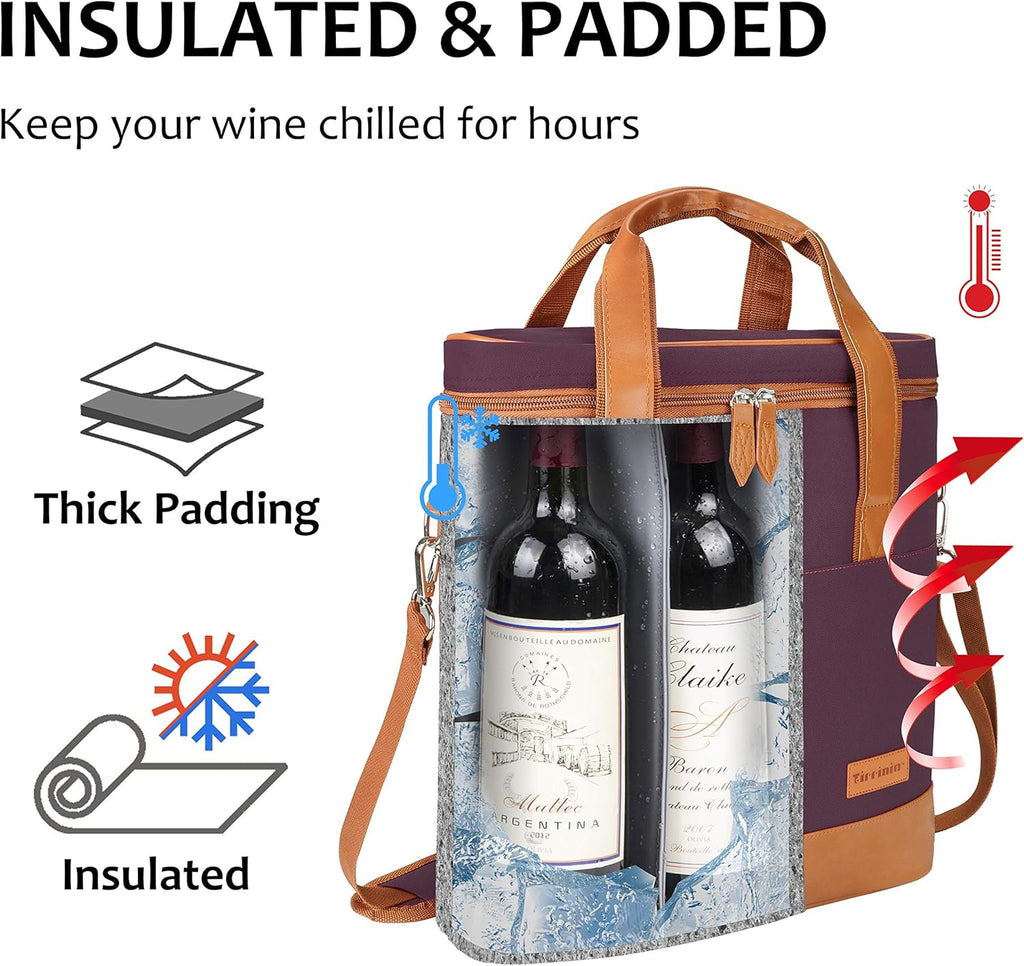 Tirrinia Insulated Wine Gift carrier - 3 Bottle Travel Padded Wine Carry Cooler Tote Bag with Handle and Adjustable Shoulder Strap, Purple