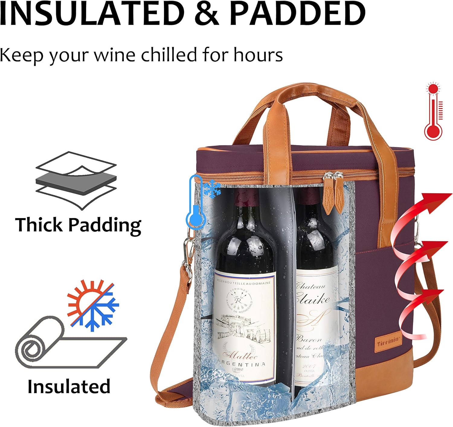 Tirrinia Insulated Wine Gift carrier - 3 Bottle Travel Padded Wine Carry Cooler Tote Bag with Handle and Adjustable Shoulder Strap, Purple