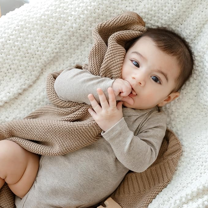Heritage Knit Organic Cotton Baby Swaddle Blanket - 100% Luxury Organic Cotton Knit Receiving Blanket - Soft Warm Unisex Crib Blankets for Newborns Infants Boys & Girls (0-2Yrs - Milk Chocolate)-BubblyBeeBaby