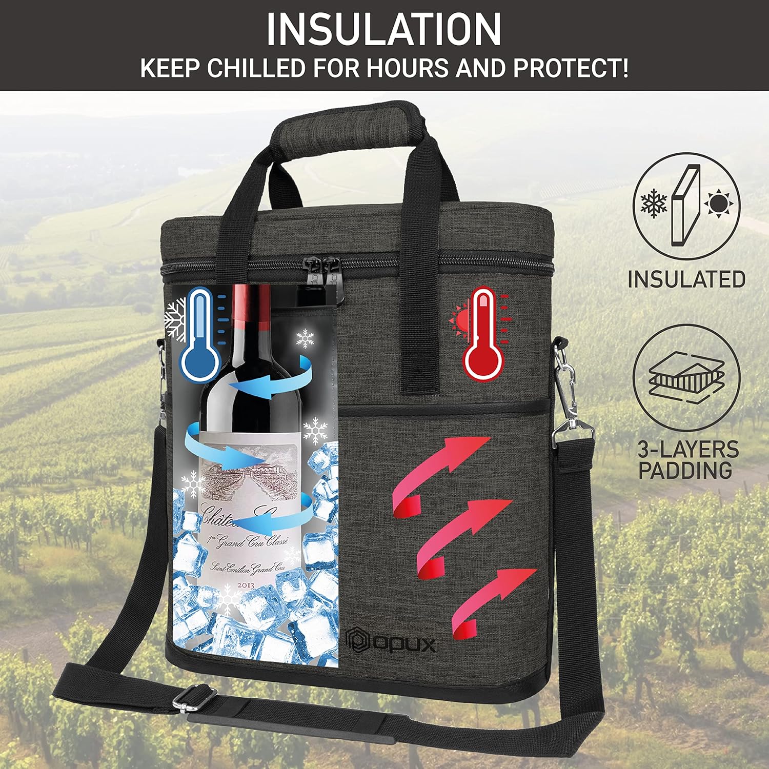 opux 3 Bottle Wine Carrier Tote, Insulated Leakproof Wine Cooler Bag, Wine Travel Bag for Picnic BYOB Beach, Portable Wine Bottle Carrying Case, Gift for Wine Lover Women Men Christmas, Charcoal Grey