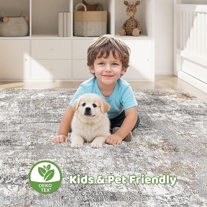 10x14 Area Rugs Living Room: Washable Large Abstract Modern Soft Rug Stain Resistant Indoor Floor Non Slip Accent Carpet for Bedroom Nursery Playroom Office Dining Room Dorm Home House- Gray Rust-BubblyBeeBaby