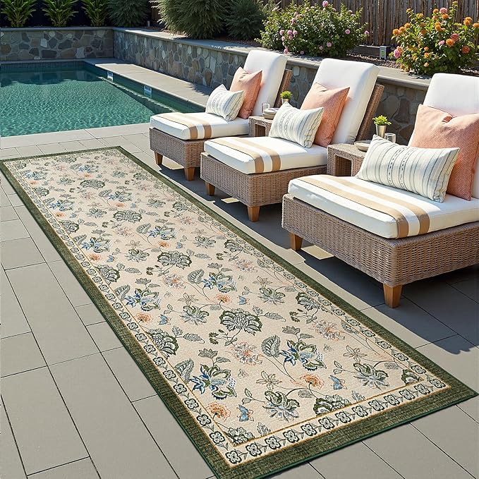 jinchan 3x10 Floral Runner Rug for Hallway Washable Kitchen Runner Vintage Romance Design Non Slip Thin Indoor Floor Cover Low-Profile Throw Carpet for Entryway Bathroom Bedroom Porch, Green/Beige-BubblyBeeBaby