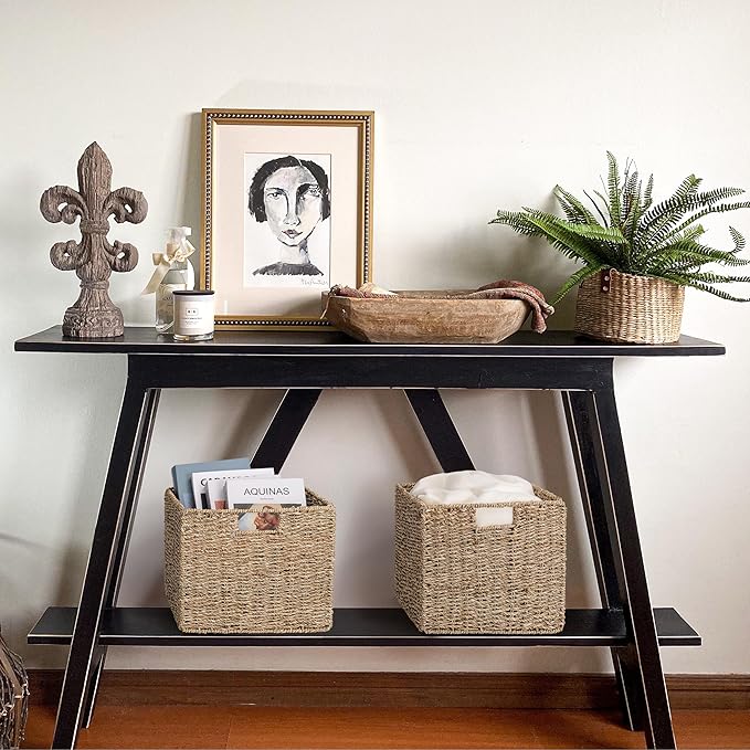 12x12x10in Seagrass Storage Baskets Set of 4, Large Wicker Storage Basket, Decorative Seagrass Shelf Basket, Pantry Baskets Organization,Folding Storage Cube Bins-BubblyBeeBaby