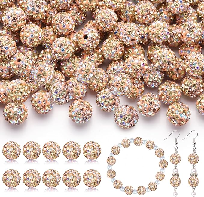 200pcs 10mm Rhinestone Beads for Jewelry Making, Light Peach AB Shiny Round Disco Beads Bulk, Sparkle Crystal Clay Christmas for Bracelet Baseball Necklace Earring Crafting and DIY-BubblyBeeBaby