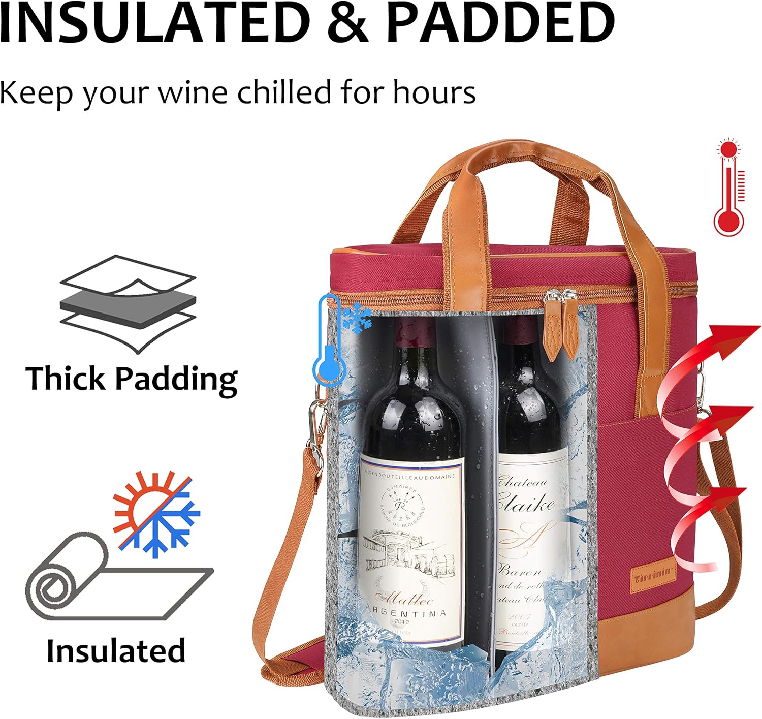 Tirrinia Insulated Wine Gift carrier - 3 Bottle Travel Padded Wine Carry Cooler Tote Bag with Handle and Adjustable Shoulder Strap, Red