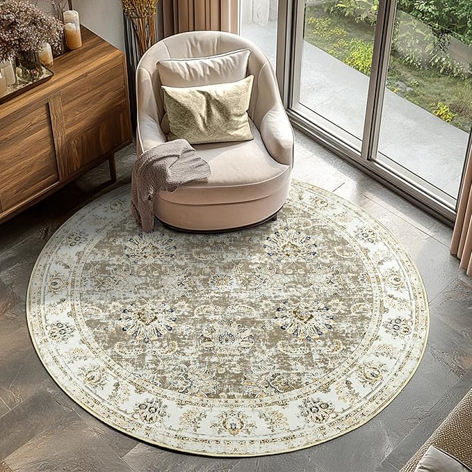 jinchan Round Rug 4ft Area Rugs Vintage Floral Distressed Design - Machine Washable Non-Slip Low-Pile Ultra-Thin Circle Rug for Entryway Bedside Living Room Dining Room Bedroom (4' Round,Taupe)-BubblyBeeBaby