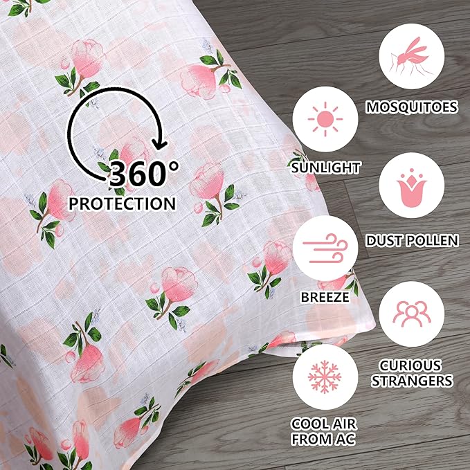 Rquite Car Seat Covers for Babies - 100% Muslin, Lightweight, Soft, Breathable Baby Carrier Cover - Summer Stroller Canopy (Pink Flower)-BubblyBeeBaby