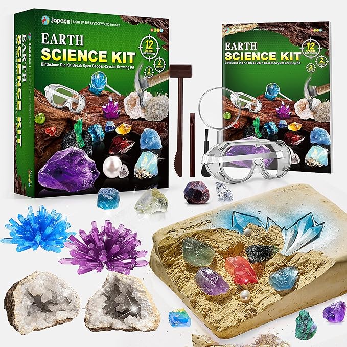 Japace Earth Science Kits for Kids Age 4-6-8-12-14, Birthstone Gemstone Dig Kit, Geology Kit with Break Your Own Geodes, Crystal Growing Experiment, Rock Mining Kit Birthday Gifts Toys for Boys Girls-BubblyBeeBaby