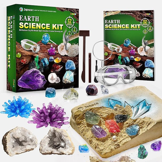 Japace Earth Science Kits for Kids Age 4-6-8-12-14, Birthstone Gemstone Dig Kit, Geology Kit with Break Your Own Geodes, Crystal Growing Experiment, Rock Mining Kit Birthday Gifts Toys for Boys Girls-BubblyBeeBaby