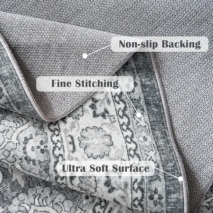 jinchan Round Rug 7ft Washable Circle Soft Rug - Low Pile Vintage 7'Round Indoor Grey Floral Print Stain Resistant Boho Carpet Ultra-Thin Non-Slip for Living Room Bedroom Dining Room Kitchen-BubblyBeeBaby