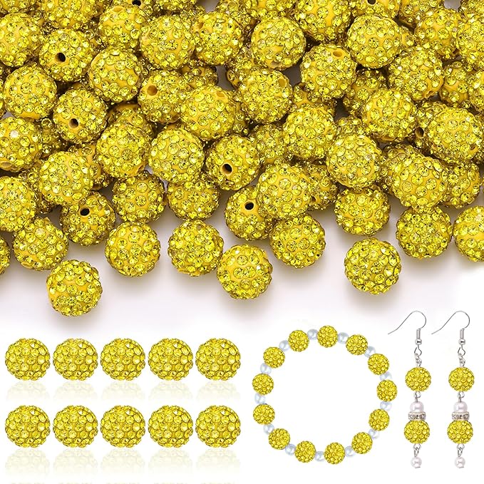 105pcs 10mm Rhinestone Beads for Jewelry Making, Yellow Shiny Round Disco Ball Beads Bulk, Sparkle Crystal Clay Christmas for Bracelet Baseball Necklace Earring Crafting and DIY-BubblyBeeBaby
