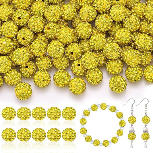 105pcs 10mm Rhinestone Beads for Jewelry Making, Yellow Shiny Round Disco Ball Beads Bulk, Sparkle Crystal Clay Christmas for Bracelet Baseball Necklace Earring Crafting and DIY-BubblyBeeBaby