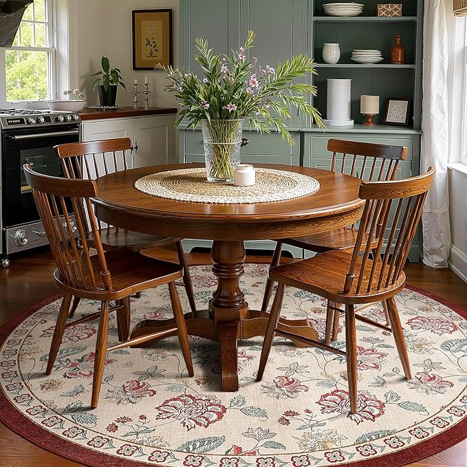 jinchan 8ft Floral Round Rug for Dining Room Washable Living Room Rug Vintage Romance Design Non Slip Indoor Floor Cover Lightweight Low-Profile Throw Carpet for Bedroom Porch Patio, Red/Beige-BubblyBeeBaby