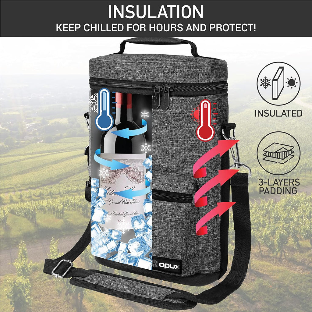 Opux 2 Bottle Wine Tote Carrier, Insulated Cooler Bag for Travel Picnic, Leakproof Padded Case, Wine Gifts for Women & Men, Charcoal Gray
