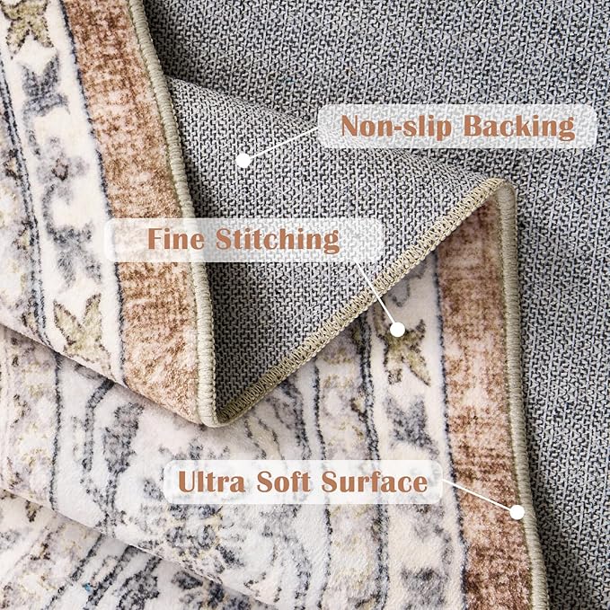 jinchan Round Rug 7ft Washable Circle Soft Rug - Low Pile Vintage 7'Round Indoor Orange Floral Print Stain Resistant Boho Carpet Ultra-Thin Non-Slip for Living Room Bedroom Dining Room Kitchen-BubblyBeeBaby