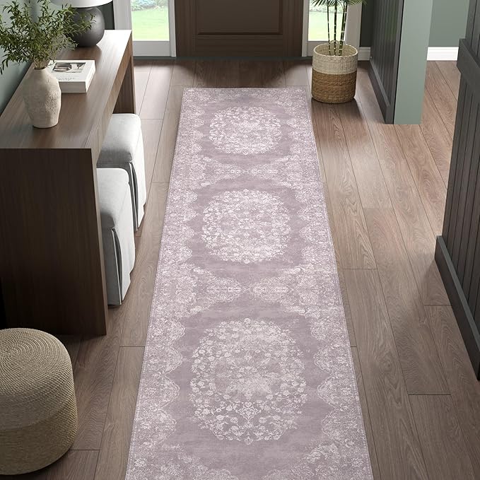 jinchan Hallway Runner Rug 2x8 Vintage Floral Distressed Design - Machine Washable Non-Slip Low-Pile Soft Thin Faux Wool Kitchen Carpet for Farmhouse Bedroom Laundry Room(2x8ft,Orchid)-BubblyBeeBaby