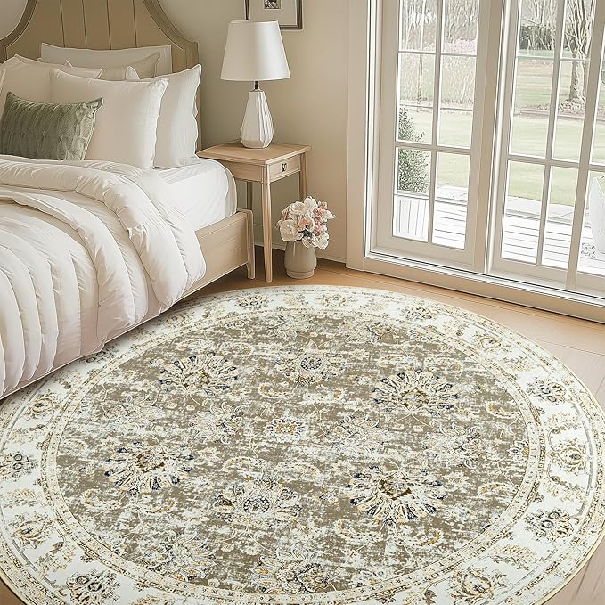 jinchan Round Rug 8ft Area Rugs - Vintage Floral Distressed Design Machine Washable Non-Slip Low-Pile Ultra-Thin Circle Rug for Living Room Dining Room Bedroom Home Office Farmhouse (8' Round,Taupe)-BubblyBeeBaby