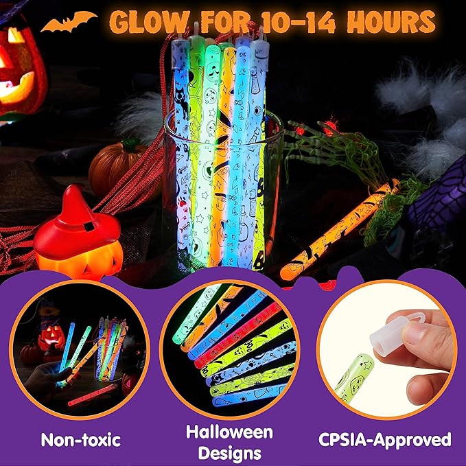 JOYIN 24 Pcs Halloween Glow Stick Hanging Wands in 8 Different Pattern Designs and 6 Colors for Kids Party Favors, Halloween Party Supplies, Glow in the Dark, Goodies Bags Fillers, Non Candy Treats-BubblyBeeBaby