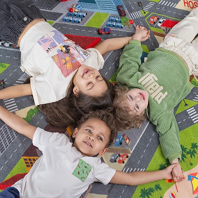 KC Cubs 8x10 City Streets Car Road Rug – Educational Non-Slip Play Mat for Kids, Toddlers, Nursery, Classroom, Playroom, Baby Daycare, Boy Girl Carpet-BubblyBeeBaby